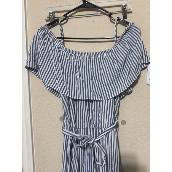 Maurices Dress Womens S Blue & White stripe off shoulder Maxi belted summer - Picture 2 of 8